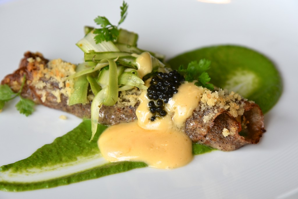 Locally grown asparagus on lobster crepes with local caviar